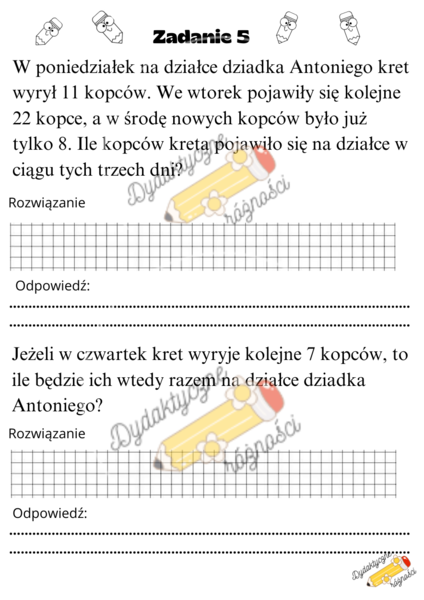 Dodawanie w zakresie 50. Rozbudowane zadania z treścią- 10 kart pracy.