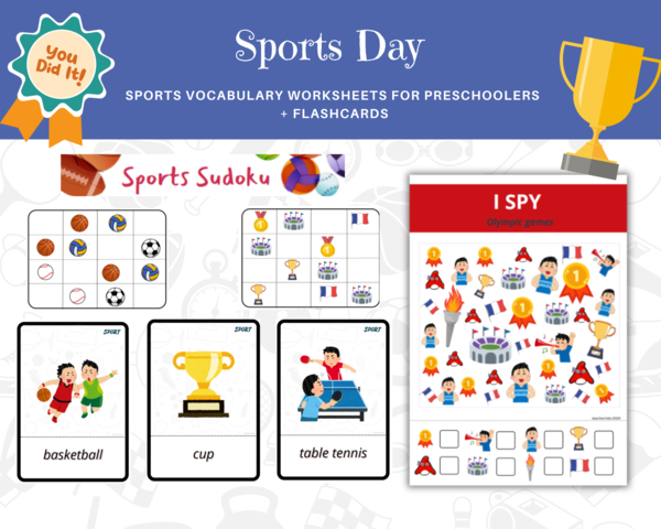 Sports Day, Olympic Games for preschoolers - karty pracy dla przedszkolaka, dzień sportu, igrzyska olimpijskie, sudoku, I spy, karty obrazkowe, flashcards, język angielski