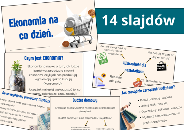 Prezentacja multimedialna- EKONOMIA NA CO DZIEŃ (WOS), zgodna z podstawą programową, możliwość edycji