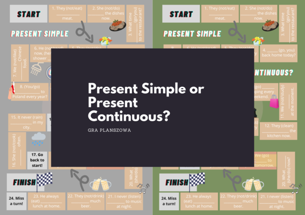 Gra planszowa PRESENT SIMPLE or PRESENT CONTINUOUS w dwóch wersjach kolorystycznych