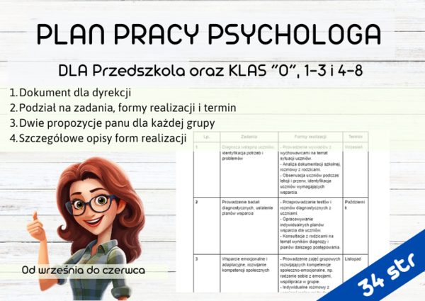 Plan Pracy Psychologa - dokument dla dyrekcji -w formie tabeli