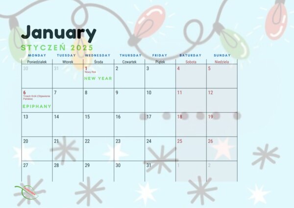 Styczeń January cały miesiąc z miejscem na notatki oraz opisem Polskich świąt w j. angielskim