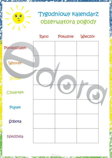 Przedszkole. Tygodniowy kalendarz obserwatora pogody z naklejkami