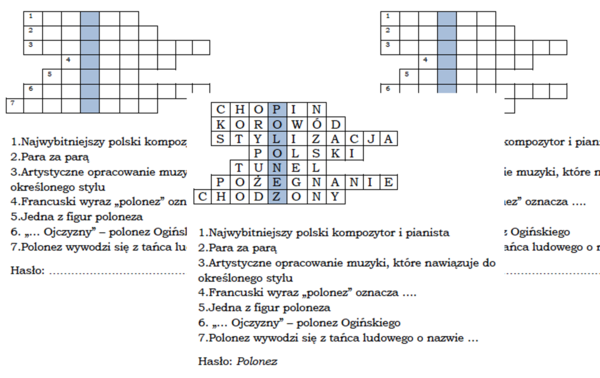 Logogryf dla klasy 7 na podsumowanie lekcji "Polonez. Opracowanie artystyczne muzyki ludowej"