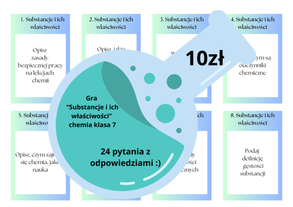 Chemia. Klasa 7. Gra dydaktyczna. Substancje i ich przemiany. Wersja po polsku. Pytania i odpowiedzi. Powtórzenie wiadomości.