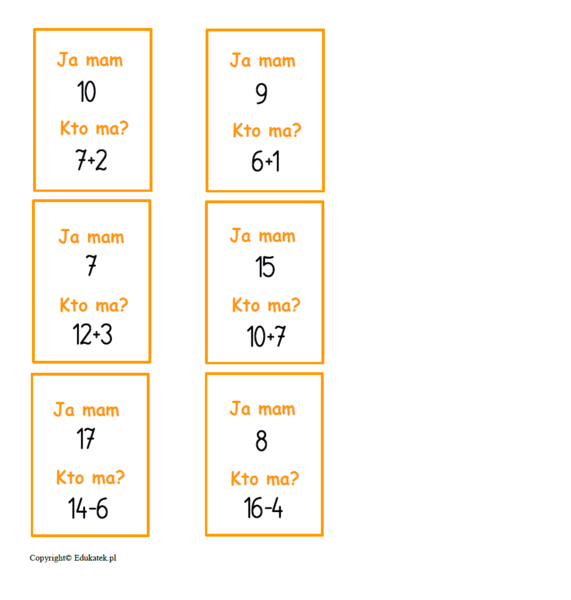 Zestaw kart typu kto ma, ja mam – dodawanie i odejmowanie