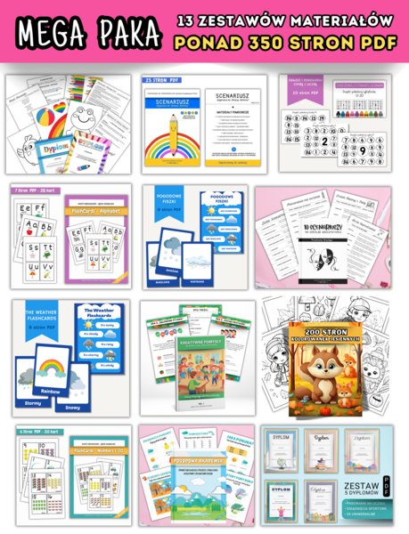 Mega Zestaw Materiałów Dydaktycznych. Przedszkole & klasy 1-3. Ponad 300 stron PDF / 13 zestawów