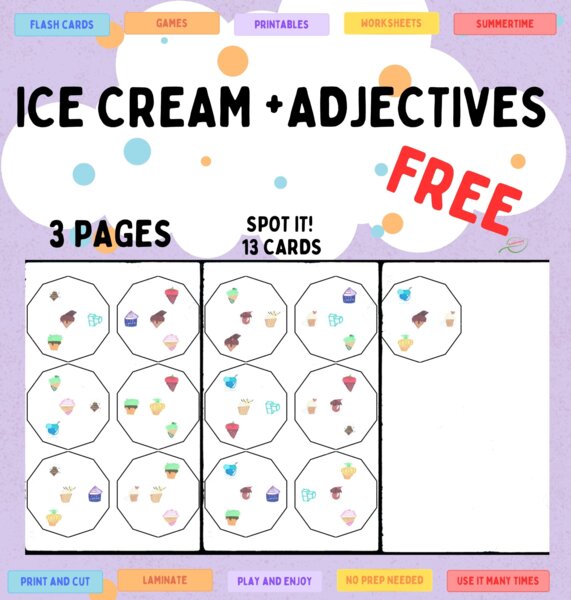 Summer ice cream SPOT IT! /Dobble/ Match it! Letnie dobble- gra na spostrzegawczośći logiczne myślenie. Dobre dla SPE