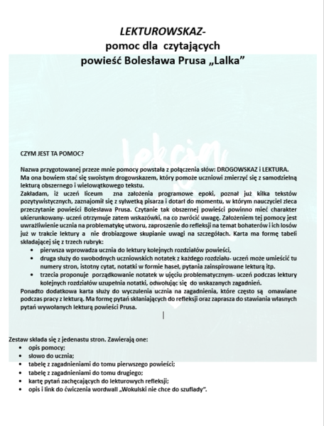 LEKTUROWSKAZ - POMOC DLA UCZNIA CZYTAJĄCEGO "LALKĘ" BOLESŁAWA PRUSA