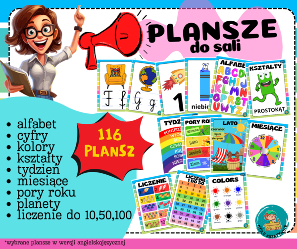 PLANSZE DO SALI - ALFABET, SAMOGŁOSKI, CYFRY, MIESIĄCE, PORY ROKU, DNI TYGODNIA, KSZTAŁTY