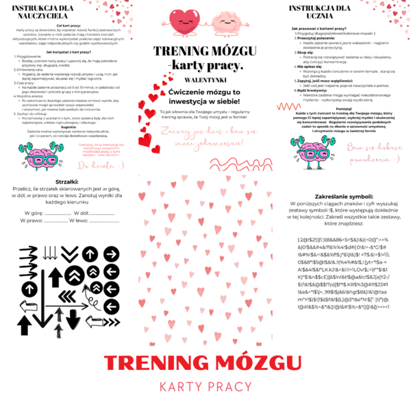 Trening mózgu - walentynki - karty pracy