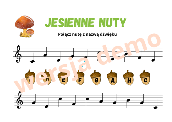Muzyka. Nauka nut. "Jesienne nuty". Rozpoznawanie wysokości dźwięków w kluczu wiolinowym.