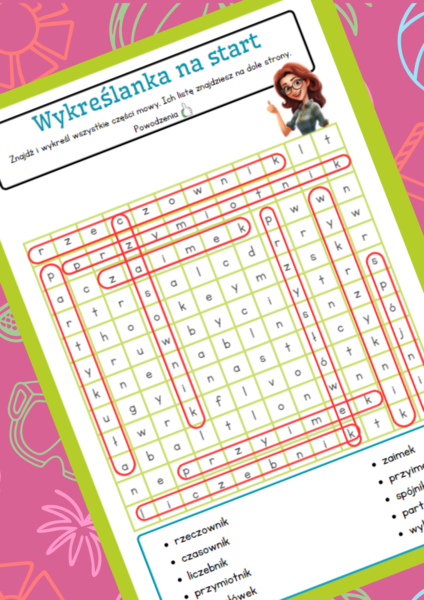 Wykreślanka - części mowy, język polski