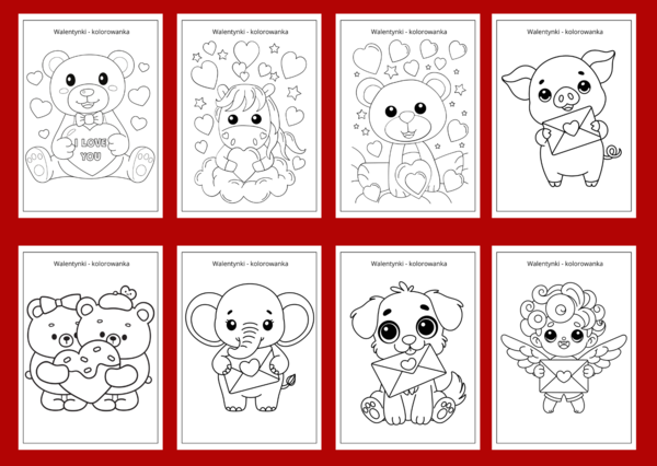 WALENTYNKI – kolorowanka – kolorowanki – biblioteka – świetlica – przedszkole – 30 wersji