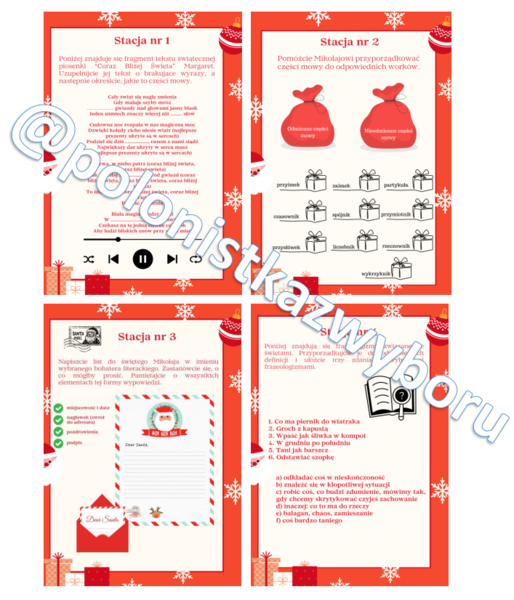 Świąteczna lekcja języka polskiego, stacje zadaniowe dla klas 5-6