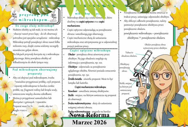Sketchnotka/notatka - dla ucznia i przypomnienie dla nauczyciela w pdf. Temat "Obserwujemy przyrodę poda mikroskopem". Przyroda 4. "Odkrywam przyrodę" zgodna z wydawnictwem Nowa Era. Dział "Spotkanie z przyrodą".