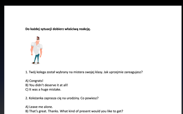 Powtórka przed egzaminem ósmoklasisty za 1 zł !!!- Dobieranie reakcji - 2 strony+ KLUCZ