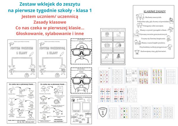Zestaw wklejek do zeszytu na pierwsze tygodnie szkoły - klasa 1