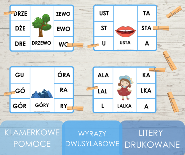 Klamerkowe pomoce - wyrazy dwusylabowe - litery drukowane