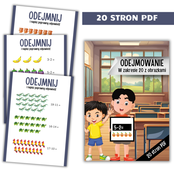 Kolorowe karty pracy - Odejmowanie w zakresie do 20 – zestaw 20 stron PDF!