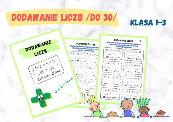 Dodawanie do 30 - karta pracy dla dwóch grup, kartkówka