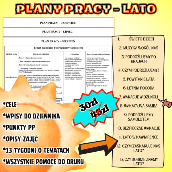 PLANY PRACY - LATO (plany do edycji z wpisami do dziennika, celami, punktami PP, materiałami do druku)