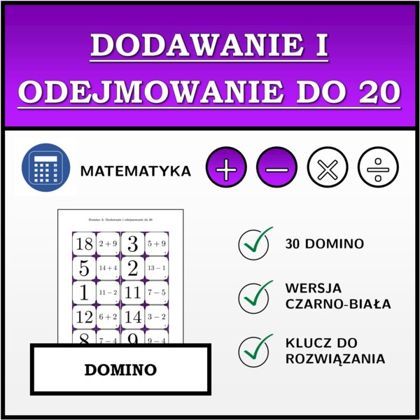 Domino - Dodawanie i odejmowanie do 20 | matematyka