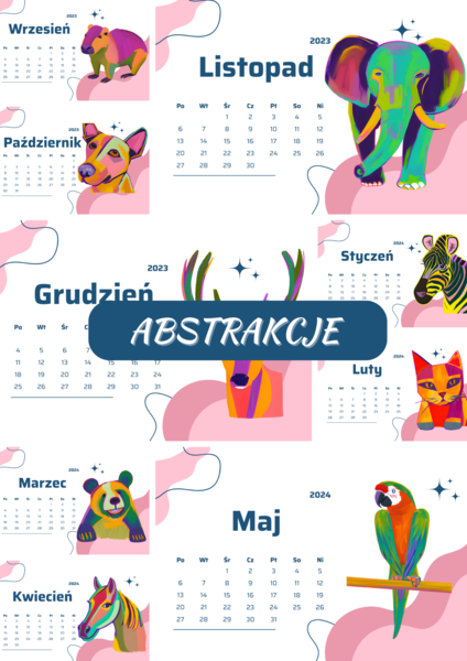 kalendarz na rok szkolny 2023/2024 - abstrakcyjne zwierzęta