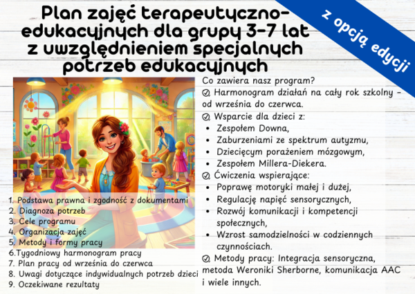 Plan zajęć terapeutyczno-edukacyjnych dla grupy 3–7 lat z uwzględnieniem specjalnych potrzeb edukacyjnych