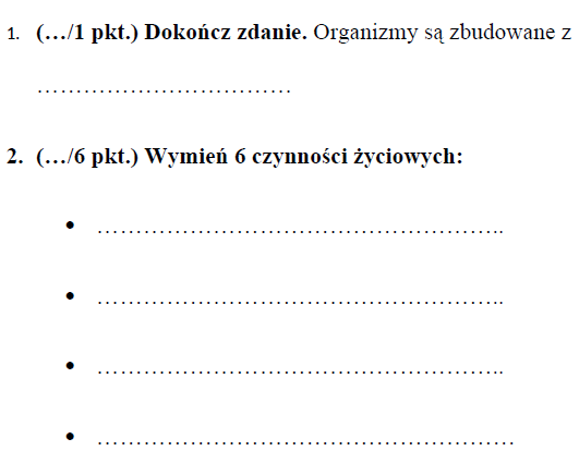 Poznajemy świat organizmów-sprawdzian