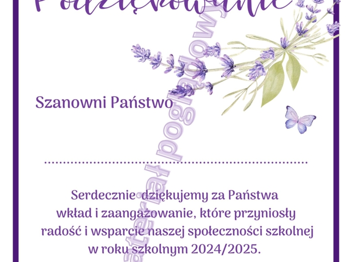 Podziękowanie dla rodziców na koniec roku szkolnego 2024/2025