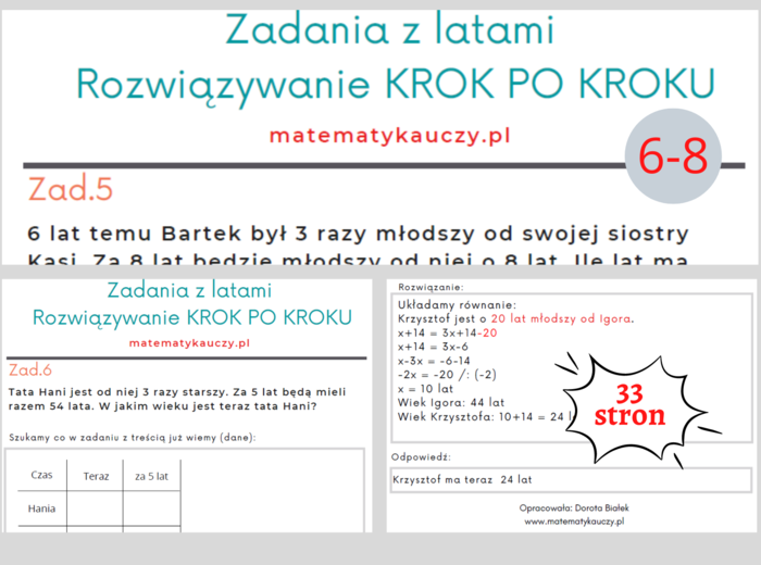 Zadania z treścią z latami + ROZWIĄZANIA KROK PO KROKU / Karty pracy kl.6-8 PDF