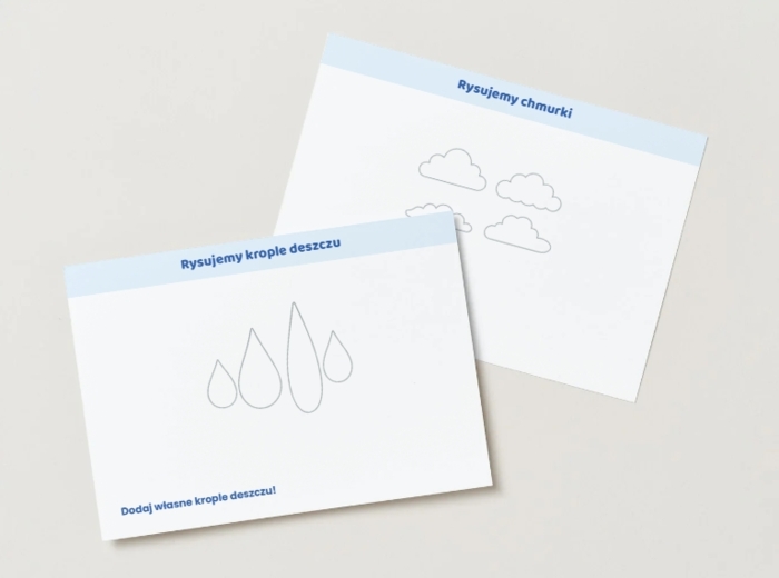 Rysowanie po śladzie: krople deszczu, chmurki, kalosze, parasole