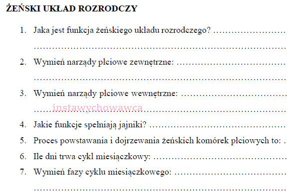 Żeński układ rozrodczy - karta pracy