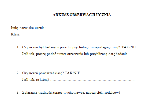 Arkusz obserwacji pedagoga specjalnego