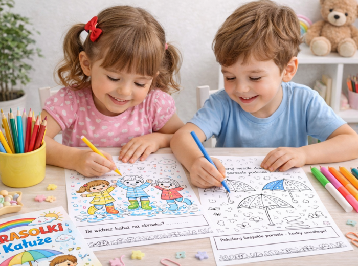 Kolorowanka: Parasolki i kałuże