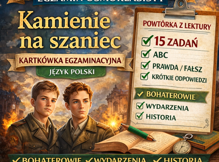 📚 „Kamienie na szaniec” – kartkówka egzaminacyjna | powtórka przed egzaminem ósmoklasisty (15 zadań)