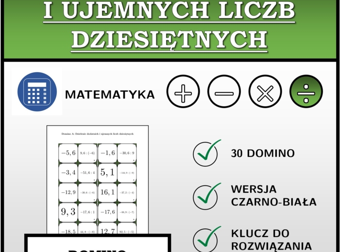 Domino - Dzielenie dodatnich i ujemnych liczb dziesiętnych | matematyka