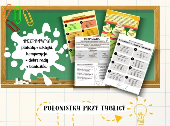 Rozprawka wklejka + plakat – kompozycja, elementy twórcze, bank słówek, dobre rady WERSJA KOLOROWA I CZARNO-BIAŁA