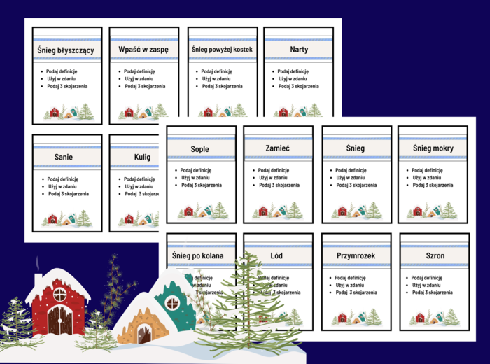 ❄️💙 Kraina Wiecznego Śniegu – zima - edukacyjna gra słowna dla klas 5–8 - język polski - biblioteka - zajęcia z wychowawcą - 56 fiszek