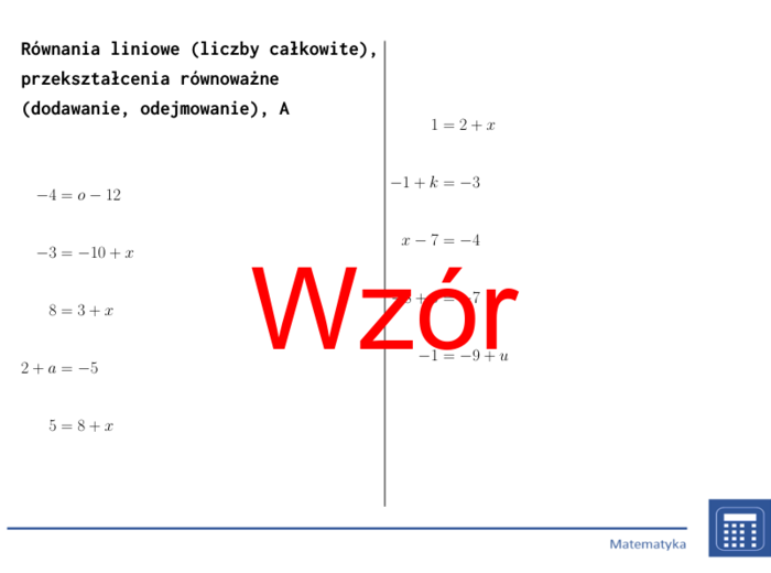 Równania liniowe (liczby całkowite), przekształcenia równoważne (dodawanie, odejmowanie) | matematyka, algebra | 26 kolumn