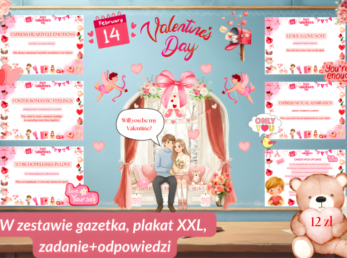 Valentine's Day gazetka po angielsku| Plakat XXL| Karta pracy+ odpowiedzi| 40 stron do druku| Idealna jako edukacyjna i kolorowa dekoracja klasy lub korytarza