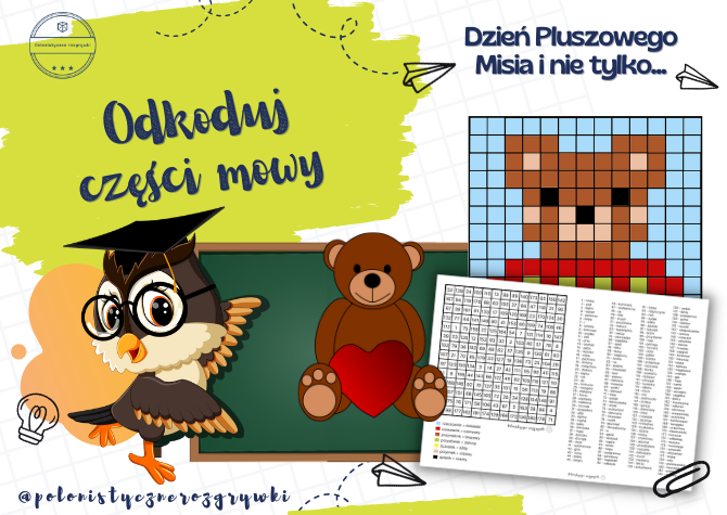 Odkoduj części mowy. Kodowanie. Dzień Pluszowego Misia na języku polskim