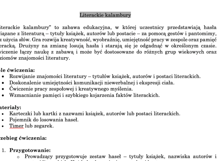Literackie kalambury - scenariusz ćwiczenia + przykładowe hasła