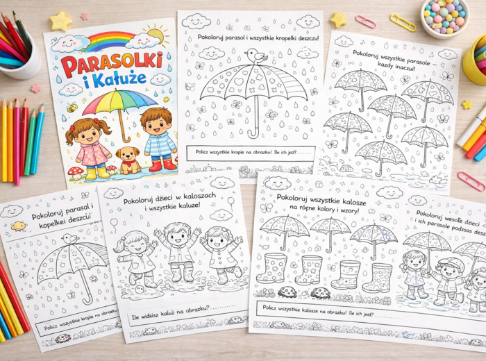 Kolorowanka: Parasolki i kałuże