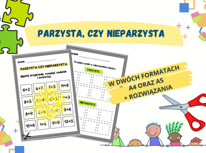 Parzysta, czy nieparzysta? Dodawanie do 20. Karta pracy, wycinanka.