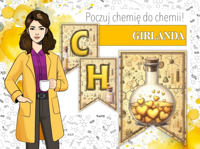 Girlanda / baner / proporczyk / napis / dekoracje / ścienna gazetka szkolna. POCZUJ CHEMIĘ DO CHEMII!