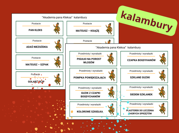 Kalambury „AKADEMIA PANA KLEKSA ” – zestaw haseł do zabawy - biblioteka - język polski - lektury - 56 haseł