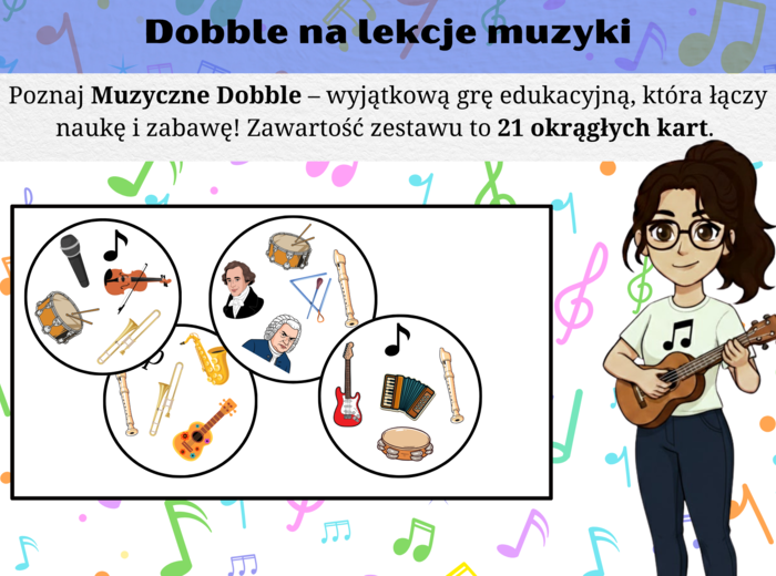 Dobble Muzyczne - instrumenty i znaki muzyczne - lekcja muzyki