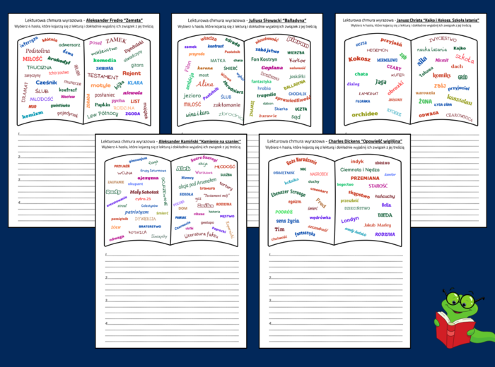 LEKTUROWE CHMURY WYRAZOWE - lektury obowiązkowe z kl. 4 - 8 - chmura - karta pracy - EGZAMIN - powtórka - 18 str.